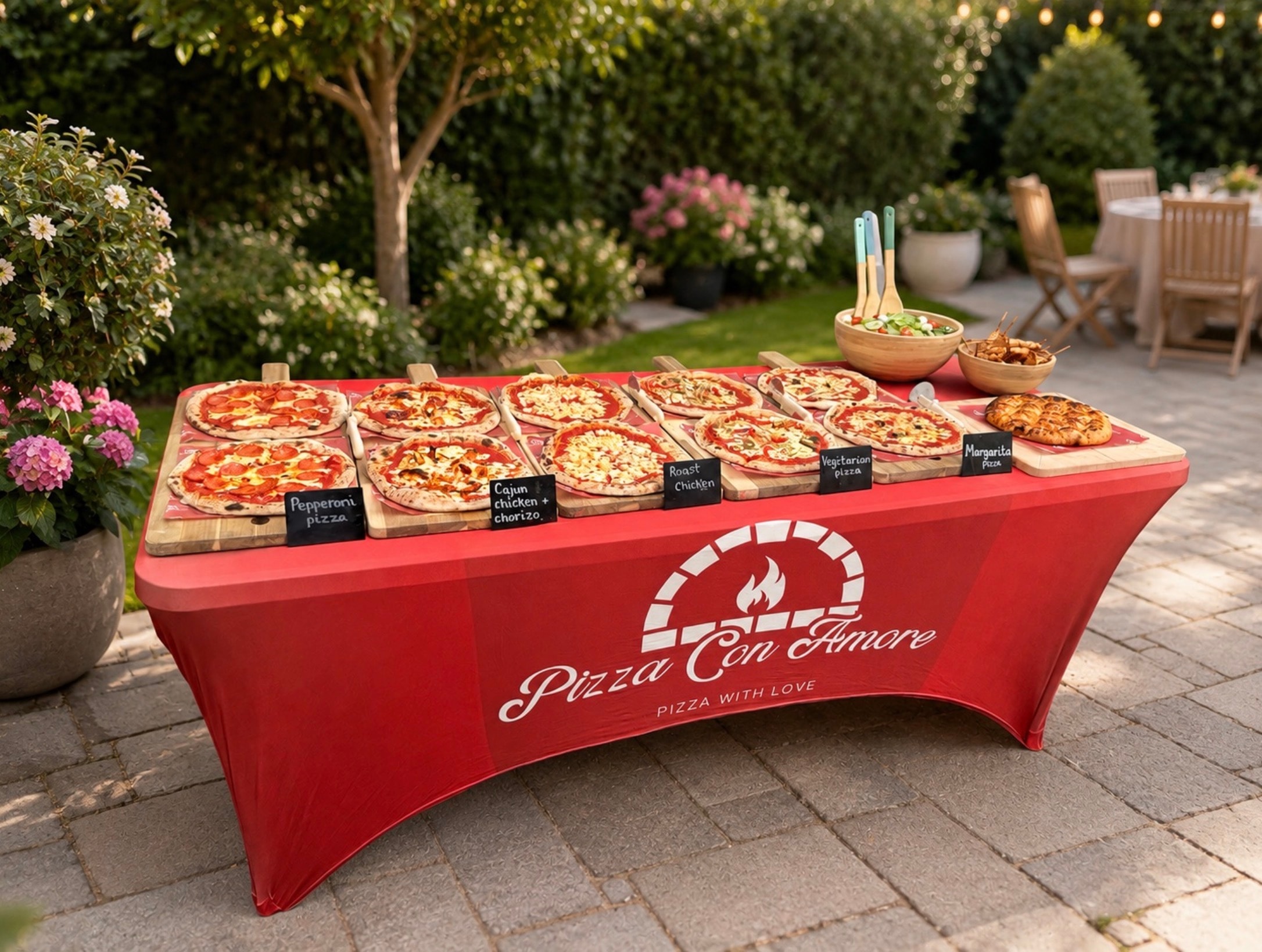 Pizza, salads and Italian-inspired sides at an outdoor buffet